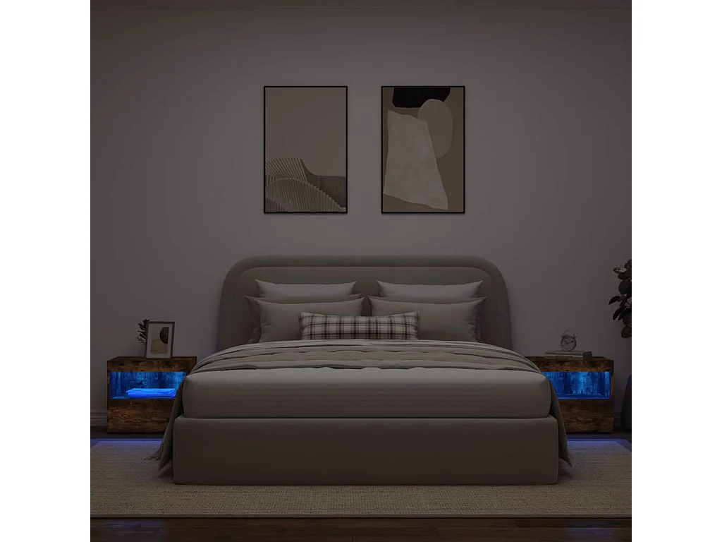 Lote de 2 Mesitas de noche con luces LED roble ahumado 50x40x45 cm ES53019