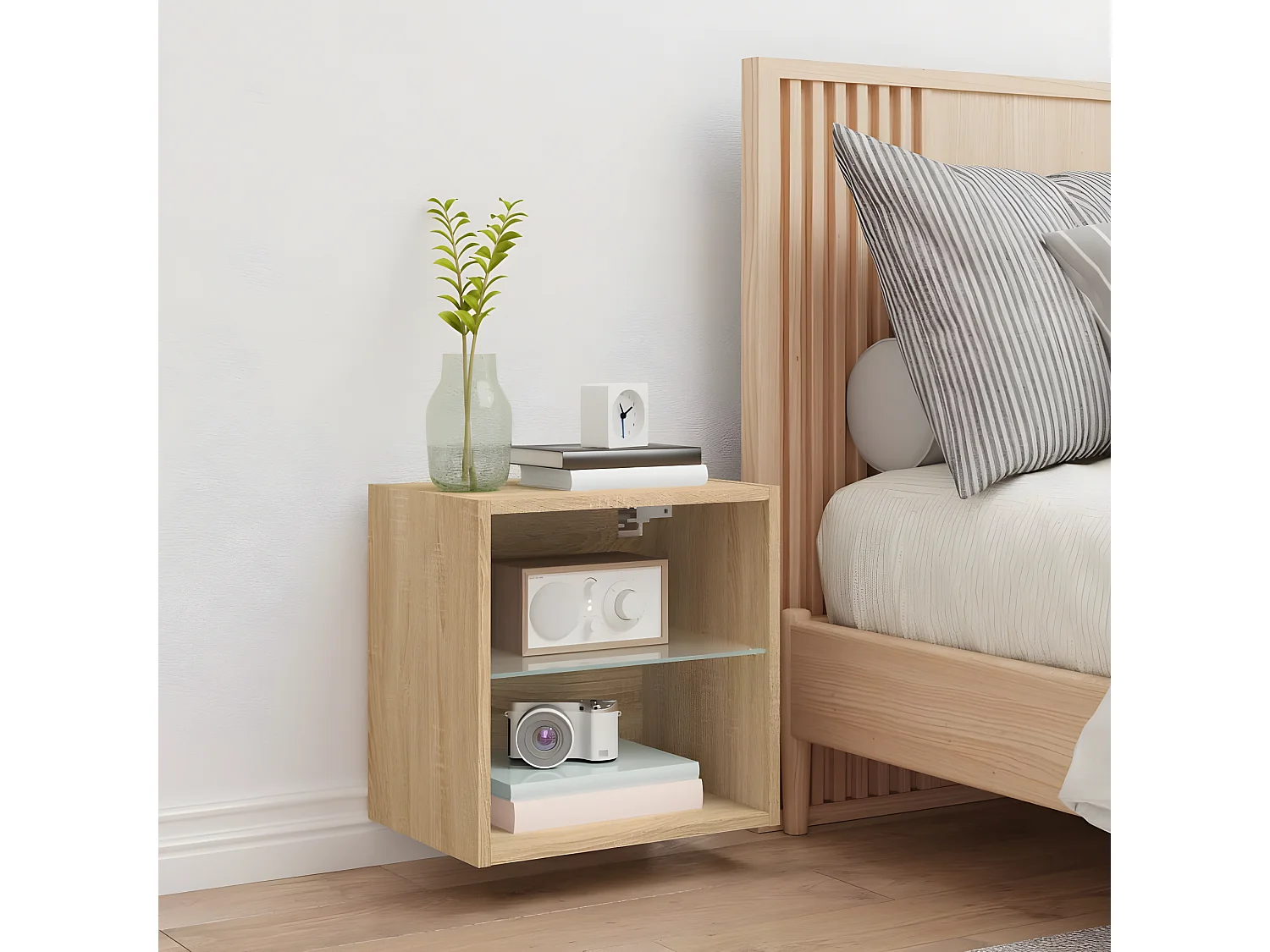 Table de chevet murale avec lumières LED chêne sonoma GHR32049