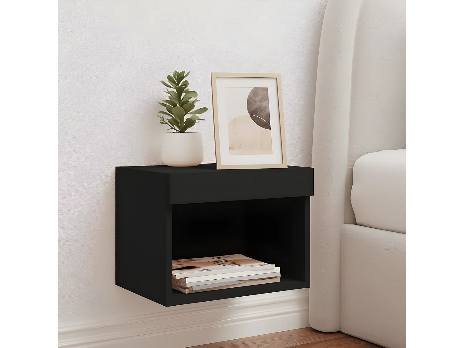 Mesita de noche de pared con luces LED negro ES61199