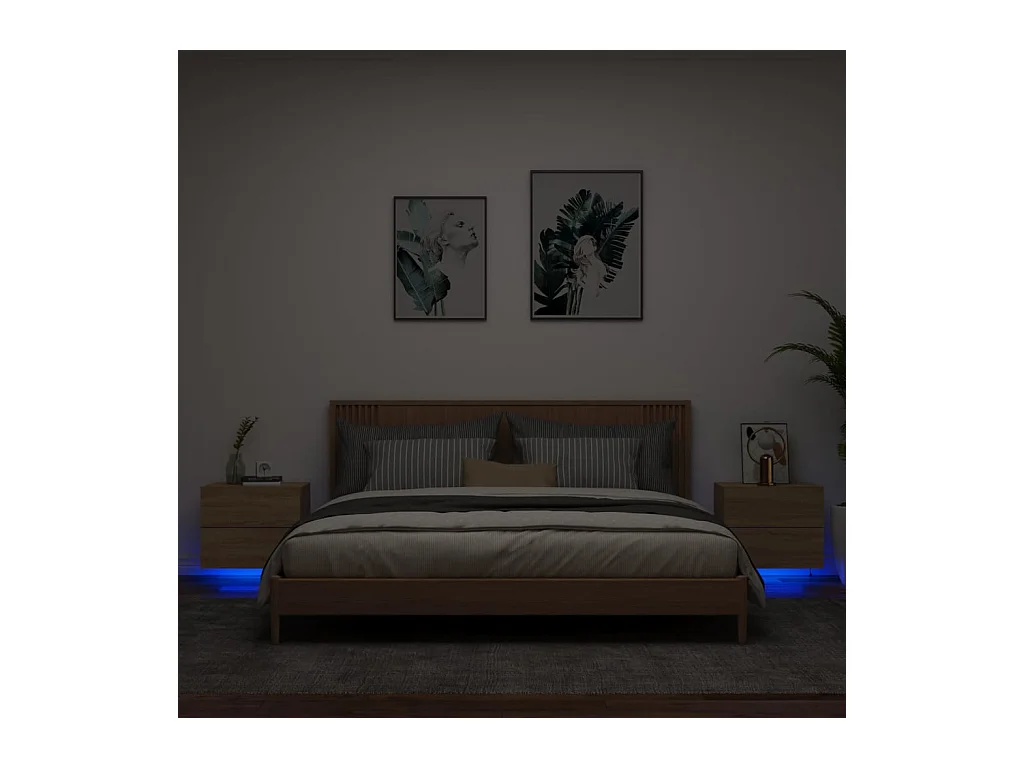 Lot de 2 Tables de chevet murales avec lumières LED chêne sonoma GHR97553