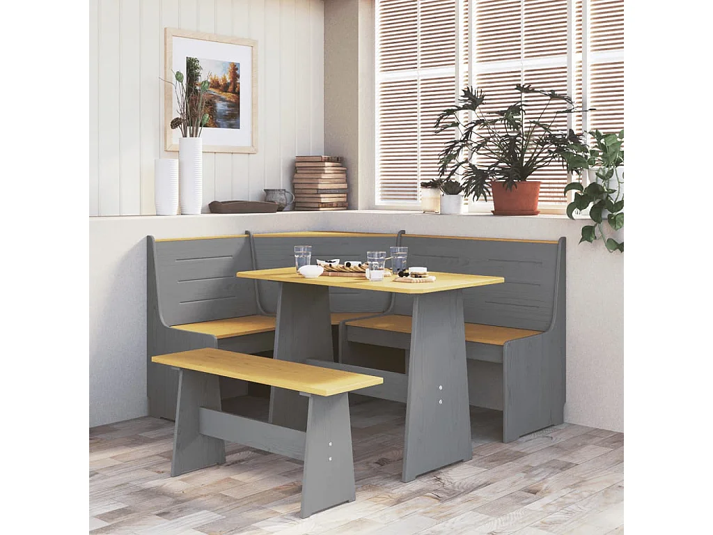 Table à manger avec banc Marron miel et gris Bois de pin solide GHR90254