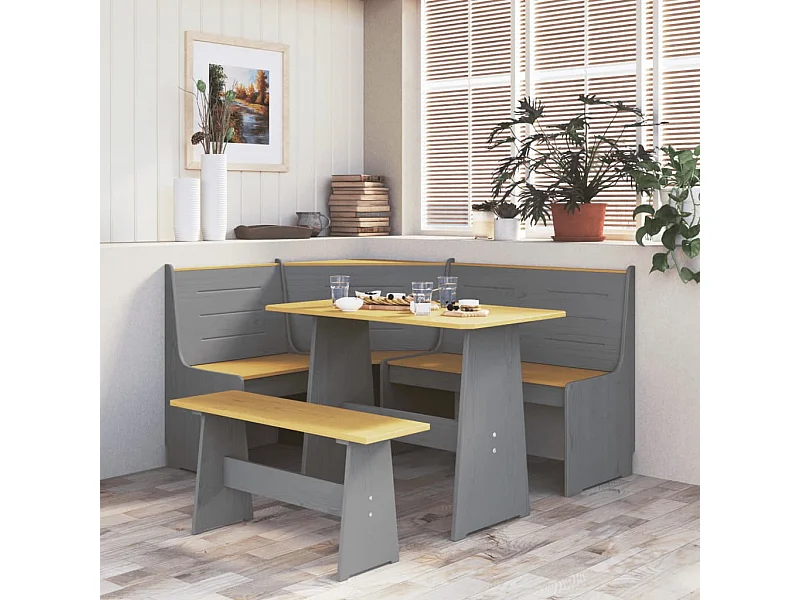 Table à manger avec banc Marron miel et gris Bois de pin solide GHR90254