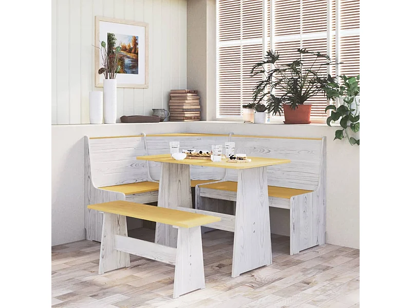 Eettafel met bankje REINE massief grenenhout honingbruin en wit NL819036