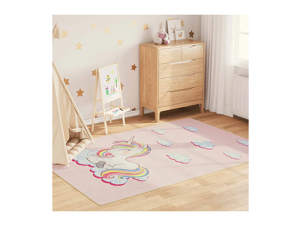 Tapis enfants rose 160x230 cm licorne antidérapant lavable QBH22959