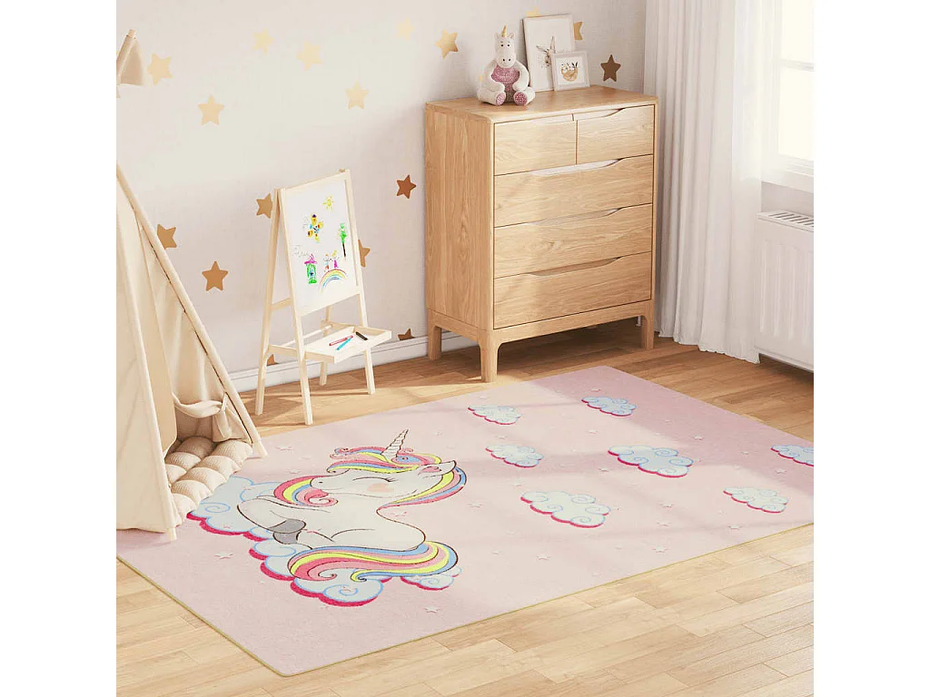 Tapis enfants rose 160x230 cm licorne antidérapant lavable QBH22959