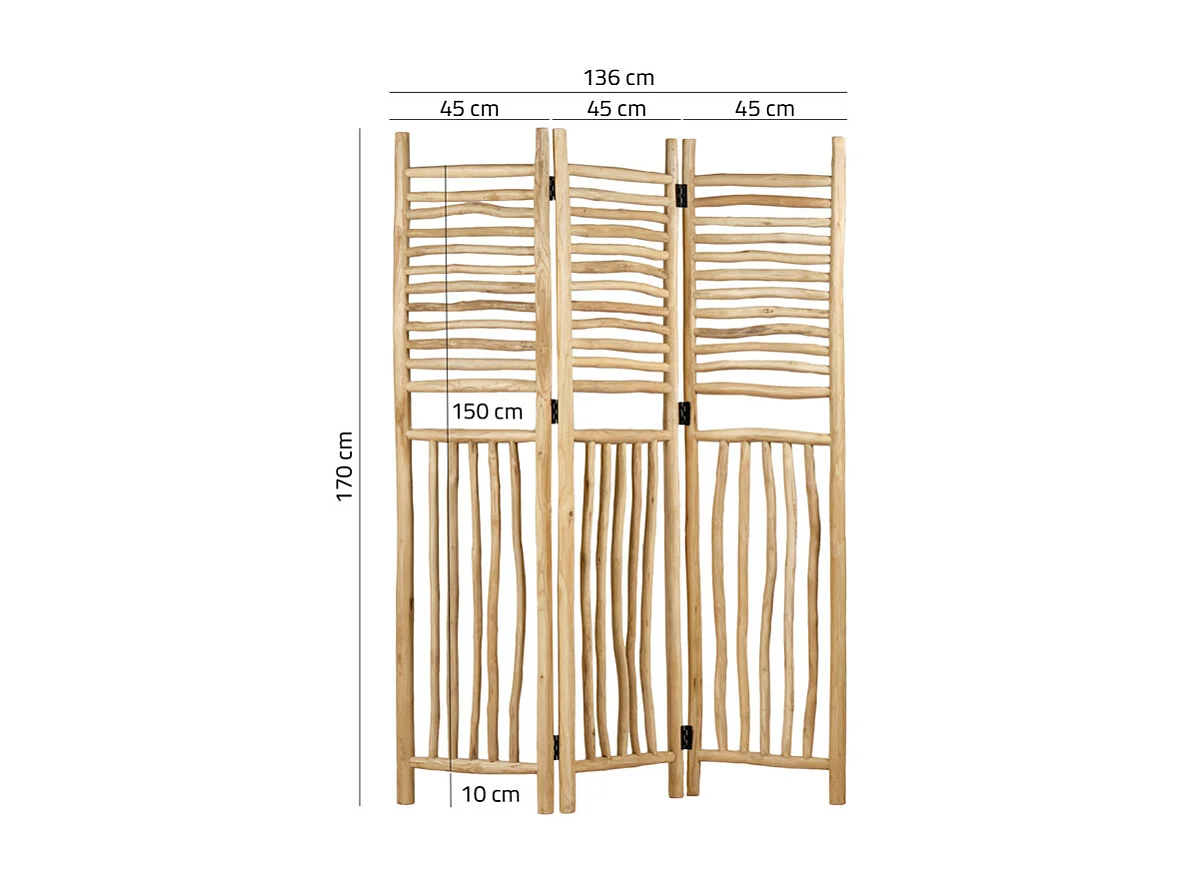 Paravent 3 pans pliables en bois de teck massif H. 170 cm - MARIANO