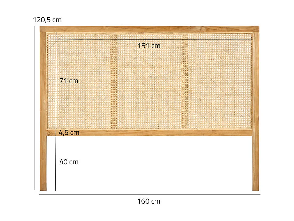 Tête de lit en bois massif avec cannage en rotin L. 160 cm - BRUNO