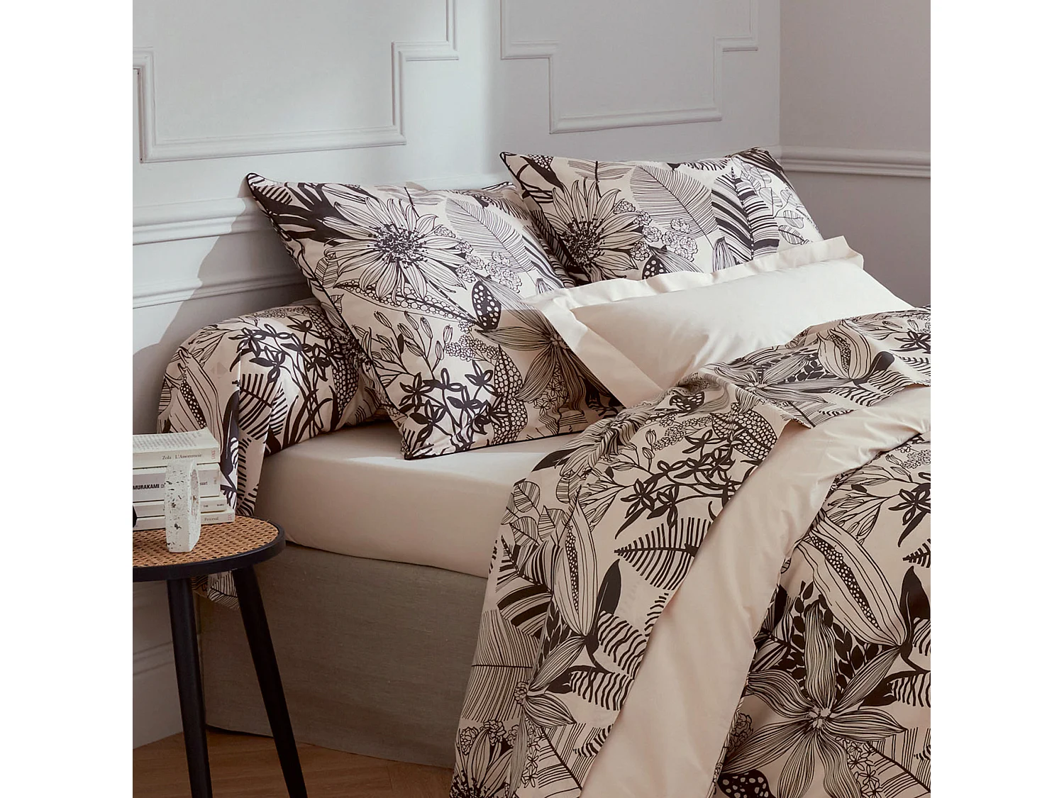 Taie d'oreiller 65x65 cm percale de coton ALBA beige/noir