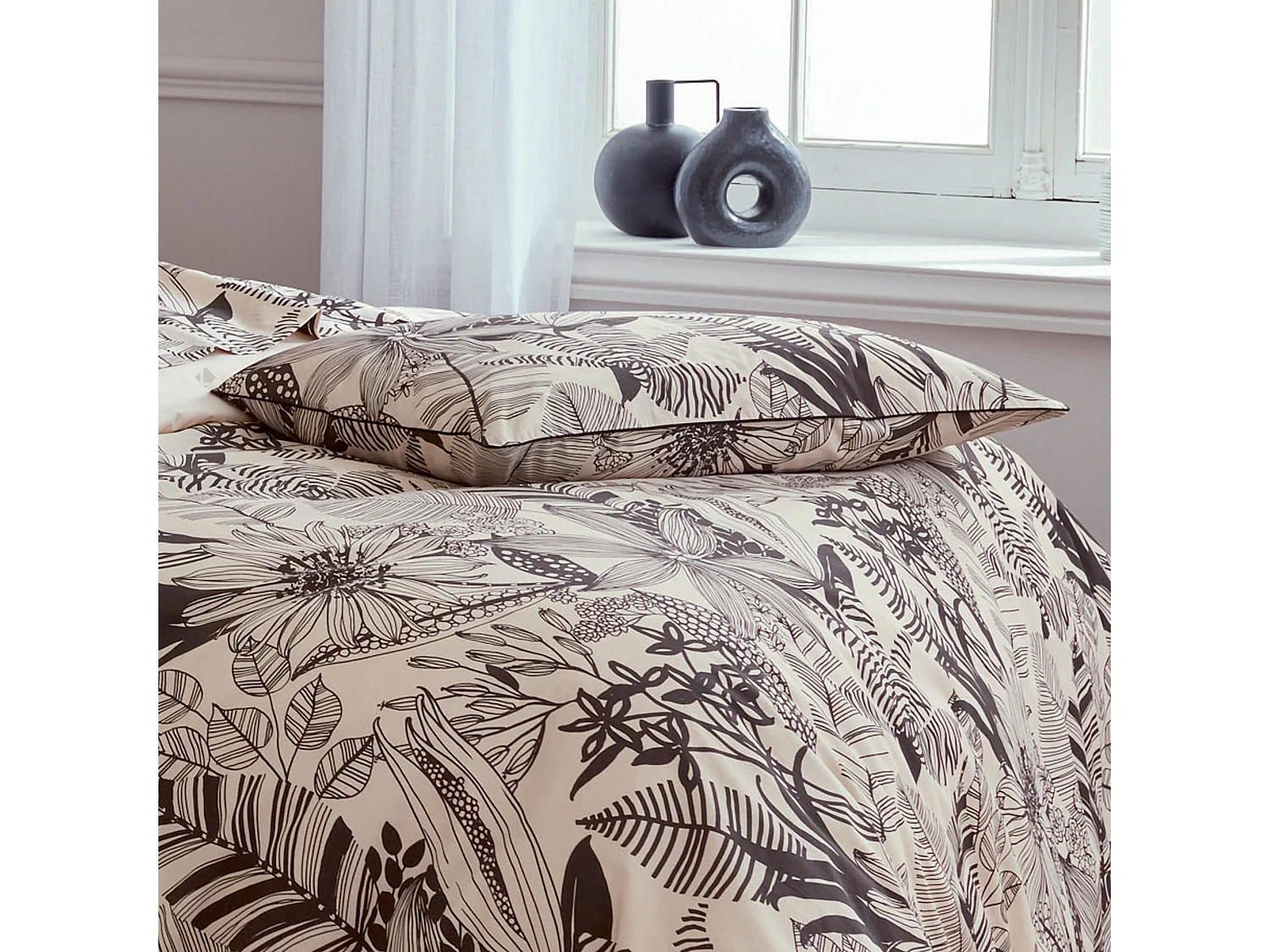 Taie d'oreiller 50x70 cm percale de coton ALBA beige/noir