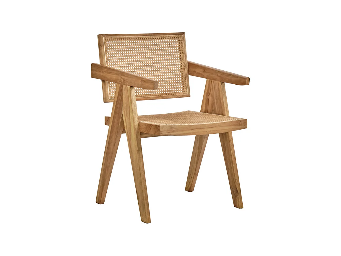 Fauteuil lounge en bois massif avec cannage en rotin - BRUNO