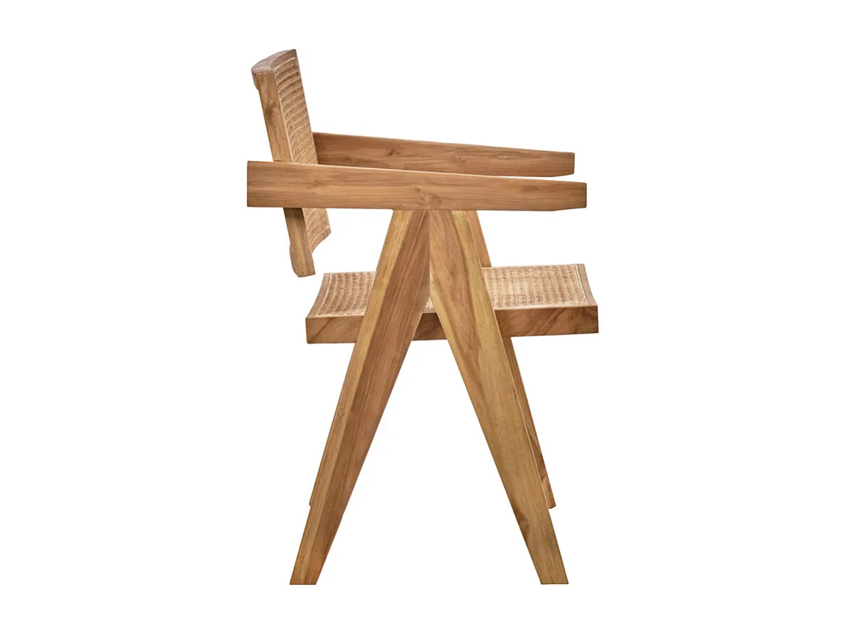 Fauteuil lounge en bois massif avec cannage en rotin - BRUNO