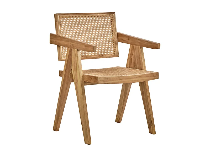 Fauteuil lounge en bois massif avec cannage en rotin - BRUNO