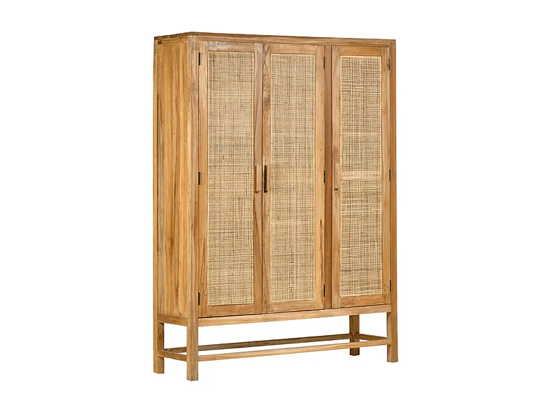 Armoire 3 portes teck massif et cannage rotin H. 180 cm - CAMILO
