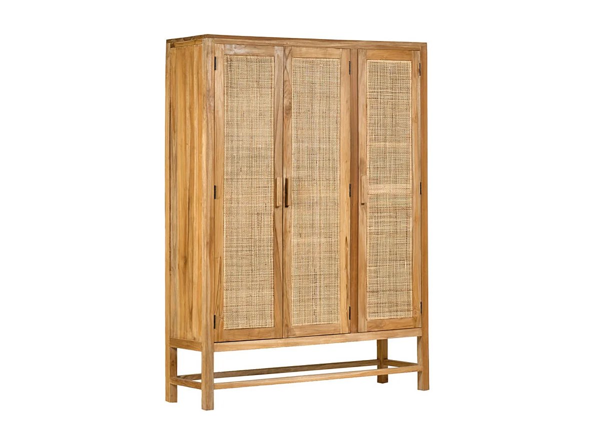 Armoire 3 portes teck massif et cannage rotin H. 180 cm - CAMILO