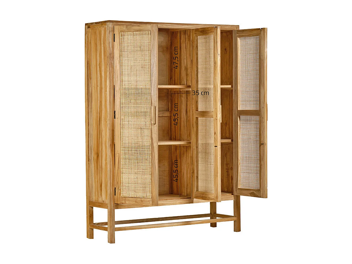 Armoire 3 portes teck massif et cannage rotin H. 180 cm - CAMILO