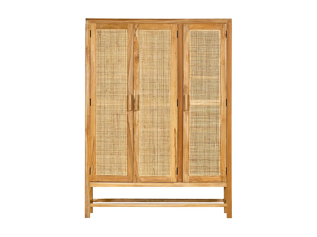 Armoire 3 portes teck massif et cannage rotin H. 180 cm - CAMILO