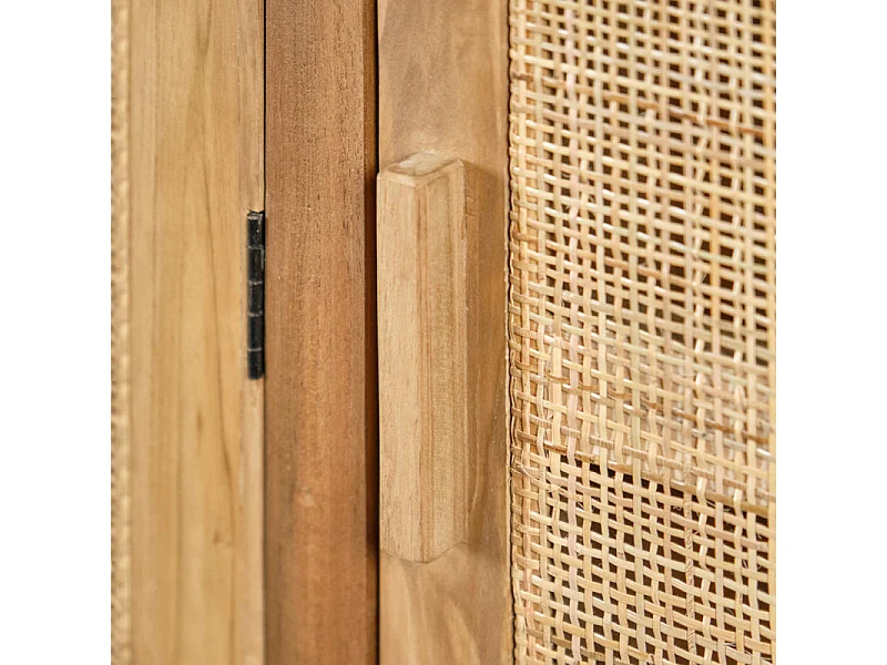 Armoire 3 portes teck massif et cannage rotin H. 180 cm - CAMILO
