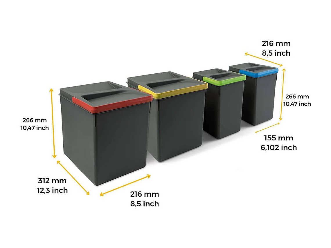 Emuca Keukenlade Recycling Bakken Set | 4 Containers | 15L & 7L | Antracietgrijs Plastic