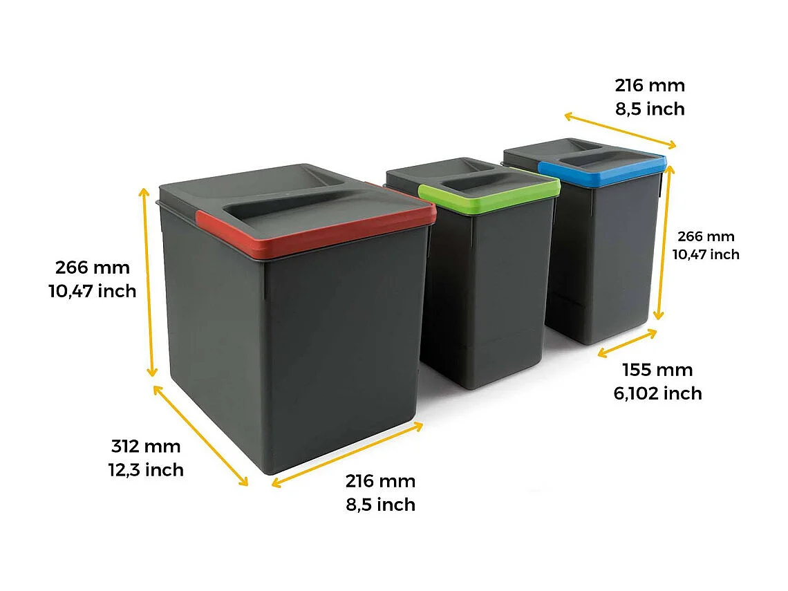Bacs de tri pour tiroir de cuisine Recycle 2 bacs de 7 litres et 1 bac de 15 litres