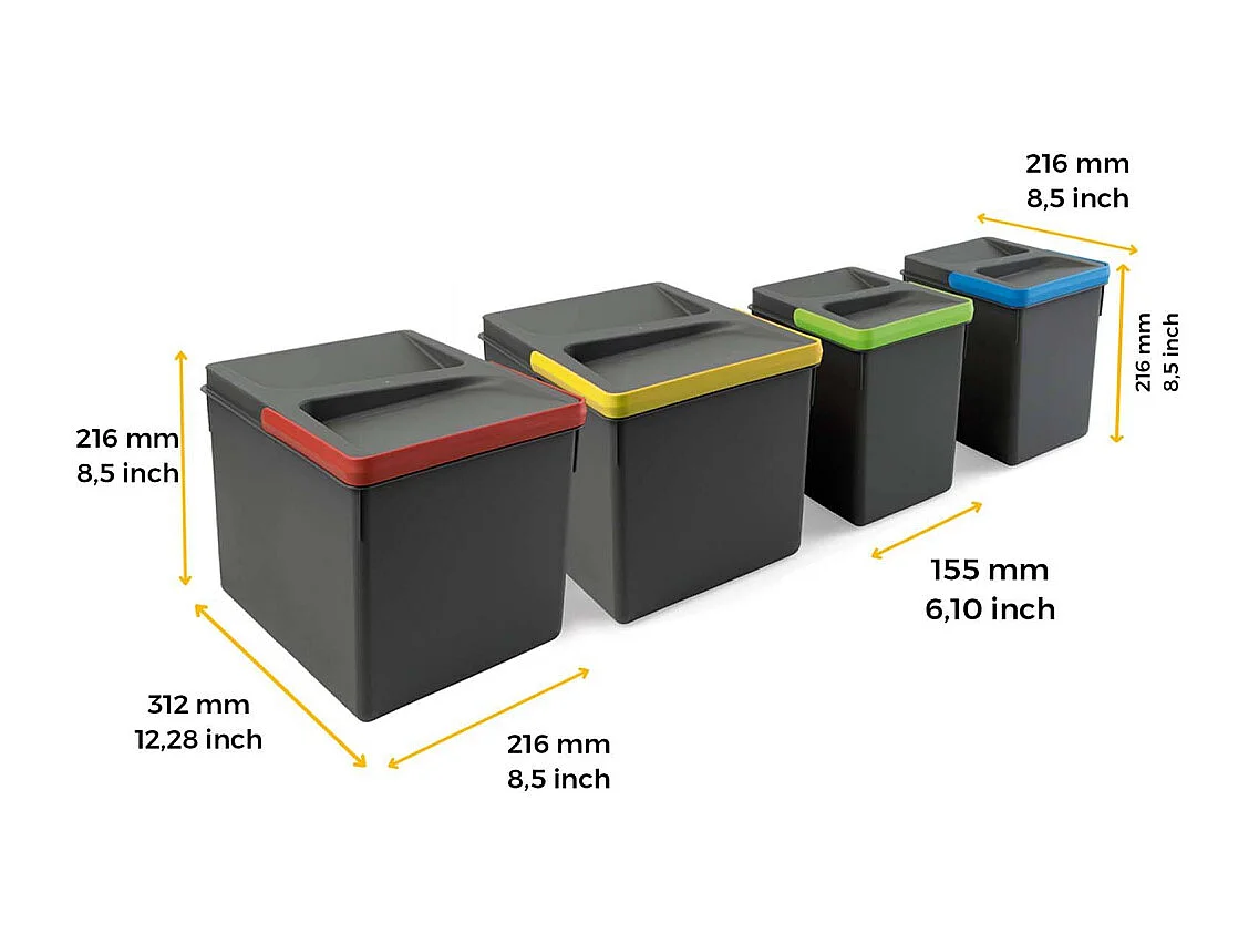 Bacs de tri pour tiroir de cuisine Recycle 2 bacs de 12 litres et 2 bacs de 6 litres