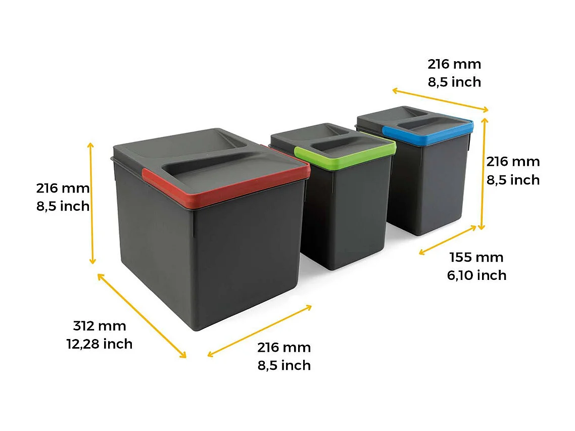 Bacs de tri pour tiroir de cuisine Recycle 1 bac de 12 litres et 2 bacs de 6 litres