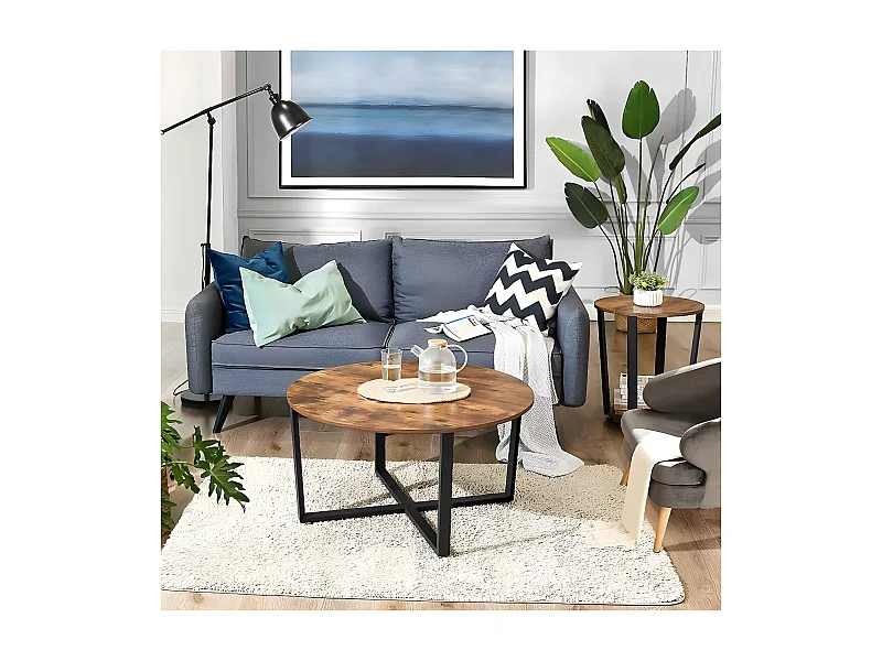 Mesa de Centro "Alinru" - 88 x 47 cm - Marrom rústico/preto, Pernas de ferro preto fosco e tampo de mesa redondo rústico