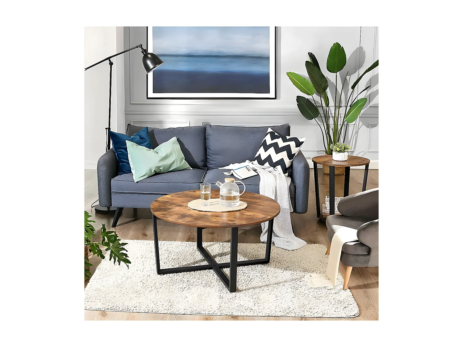 Mesa de Centro "Alinru" - 88 x 47 cm - Marrom rústico/preto, Pernas de ferro preto fosco e tampo de mesa redondo rústico