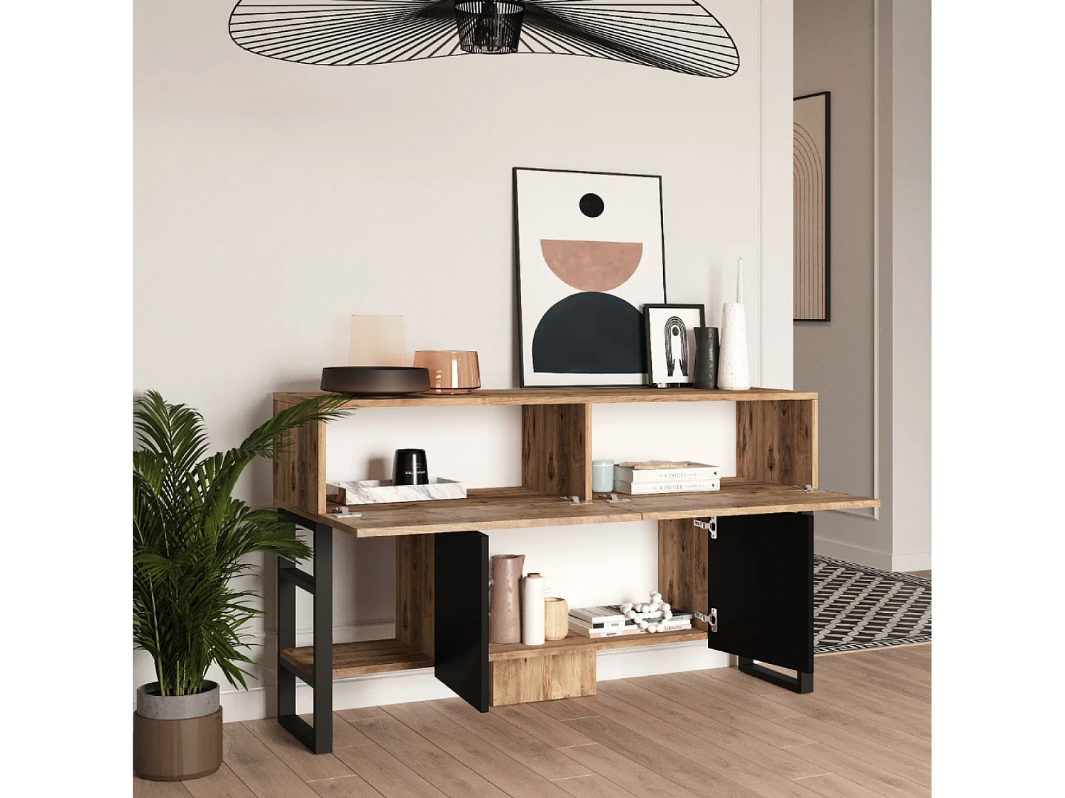 Consola industrial TARI com arrumação em madeira natural e metal preto