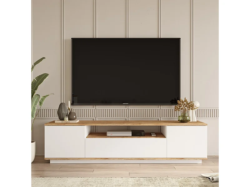 Móvel de TV Branco e Madeira 180cm TYRO Moderno com Arrumação Prática