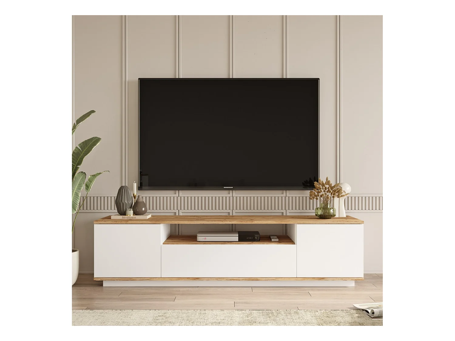 Meuble TV blanc et bois 180cm TYRO