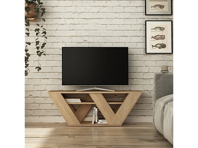 Hedendaagse design TV-meubel van 110 cm in hout met ruime planken en warme eiken kleur