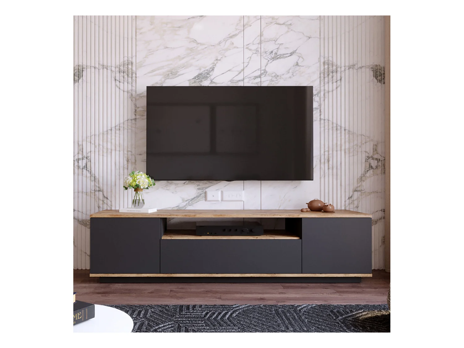 TV Meubel Grijs en Hout 180 cm TYRO Stijlvol Hedendaags met Opbergruimte - Atlantische Den en Antraciet
