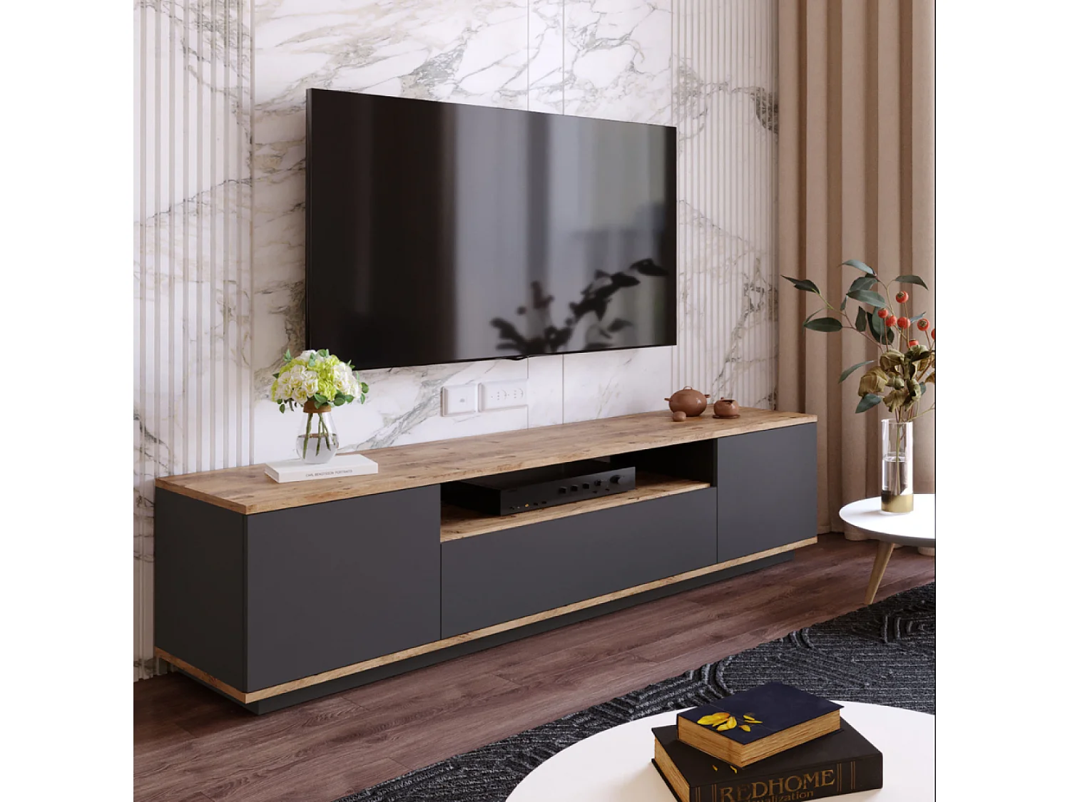Meuble TV gris et bois 180 cm TYRO