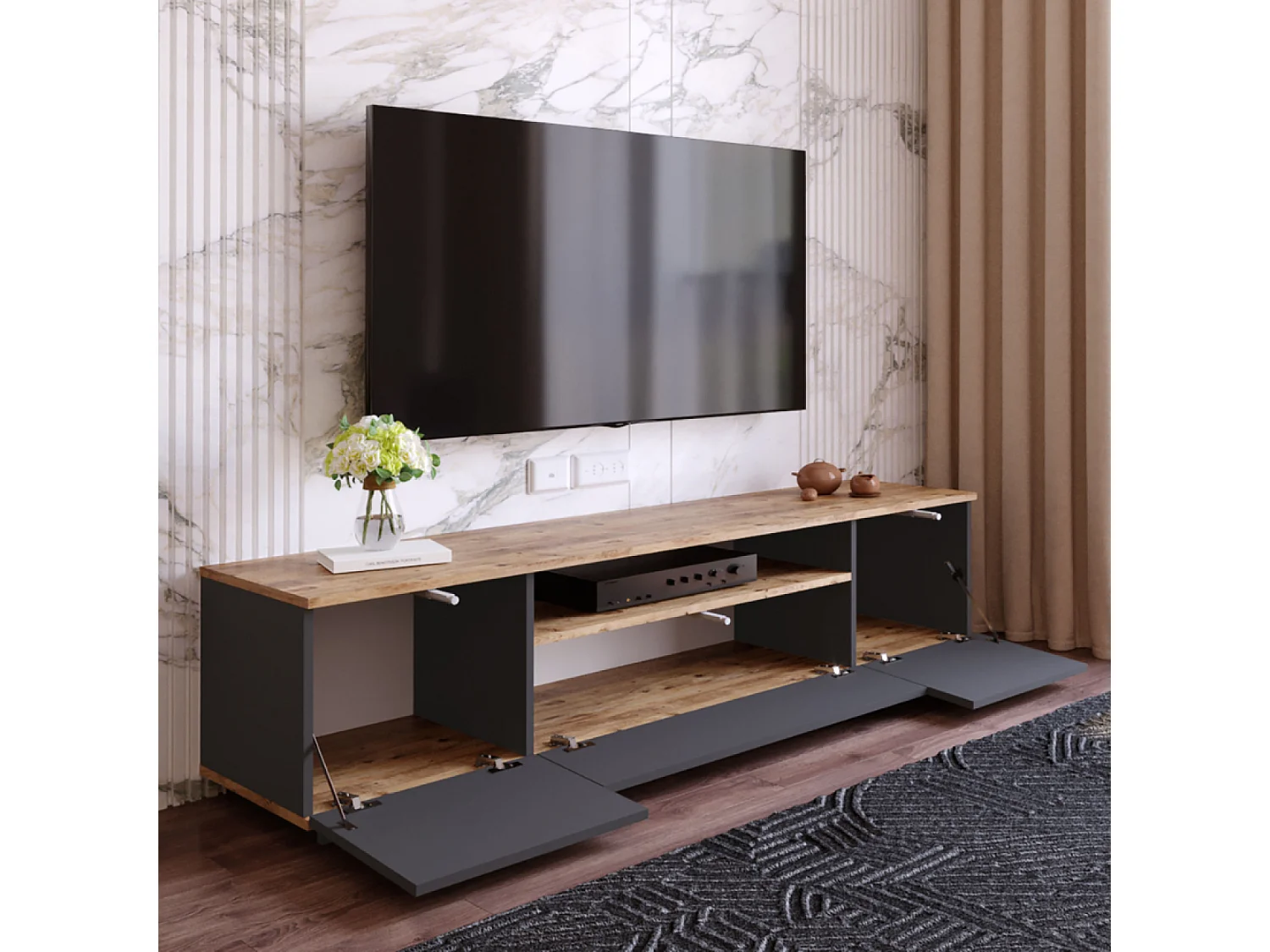 Meuble TV gris et bois 180 cm TYRO