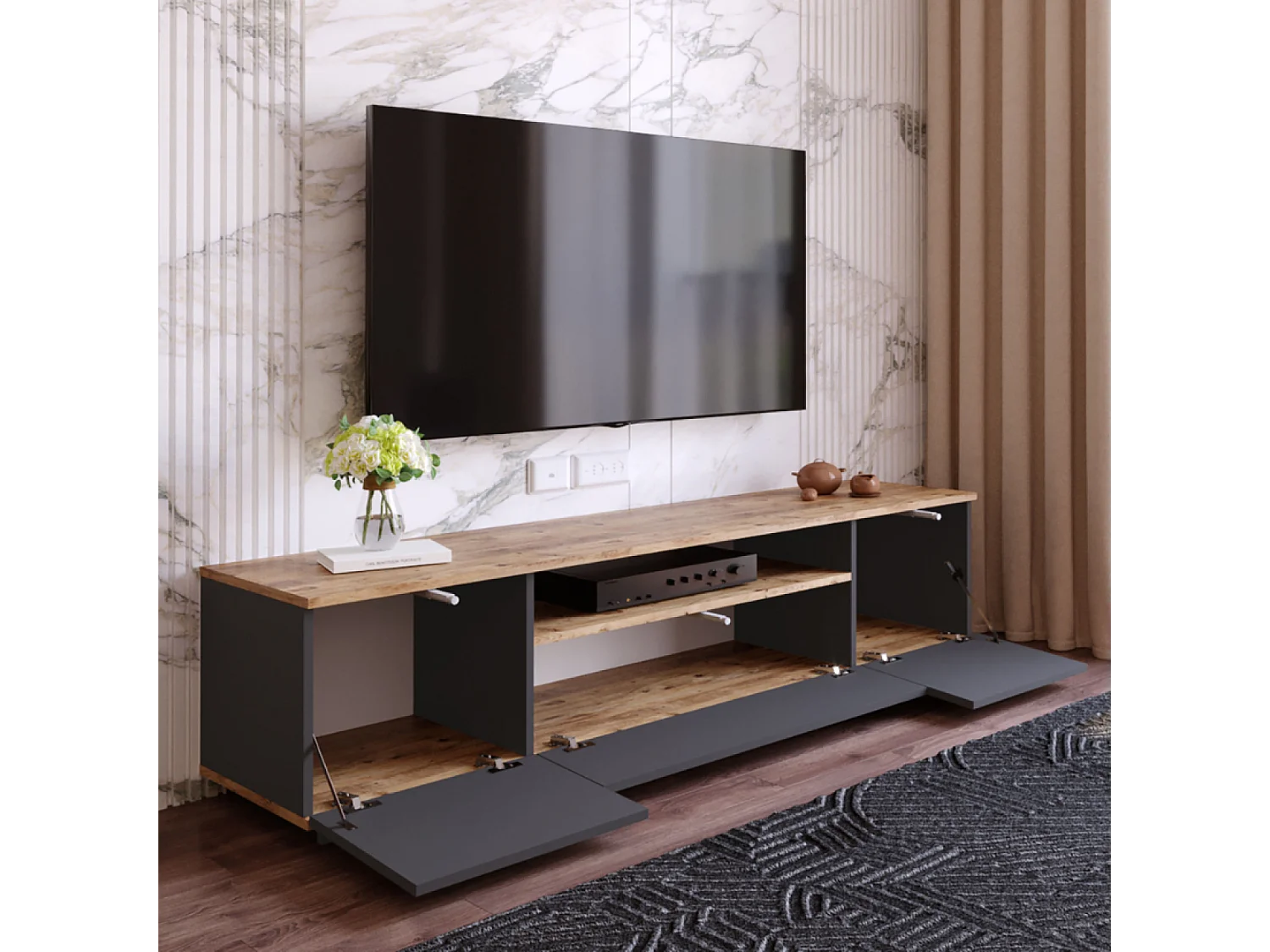 Meuble TV gris et bois 180 cm TYRO