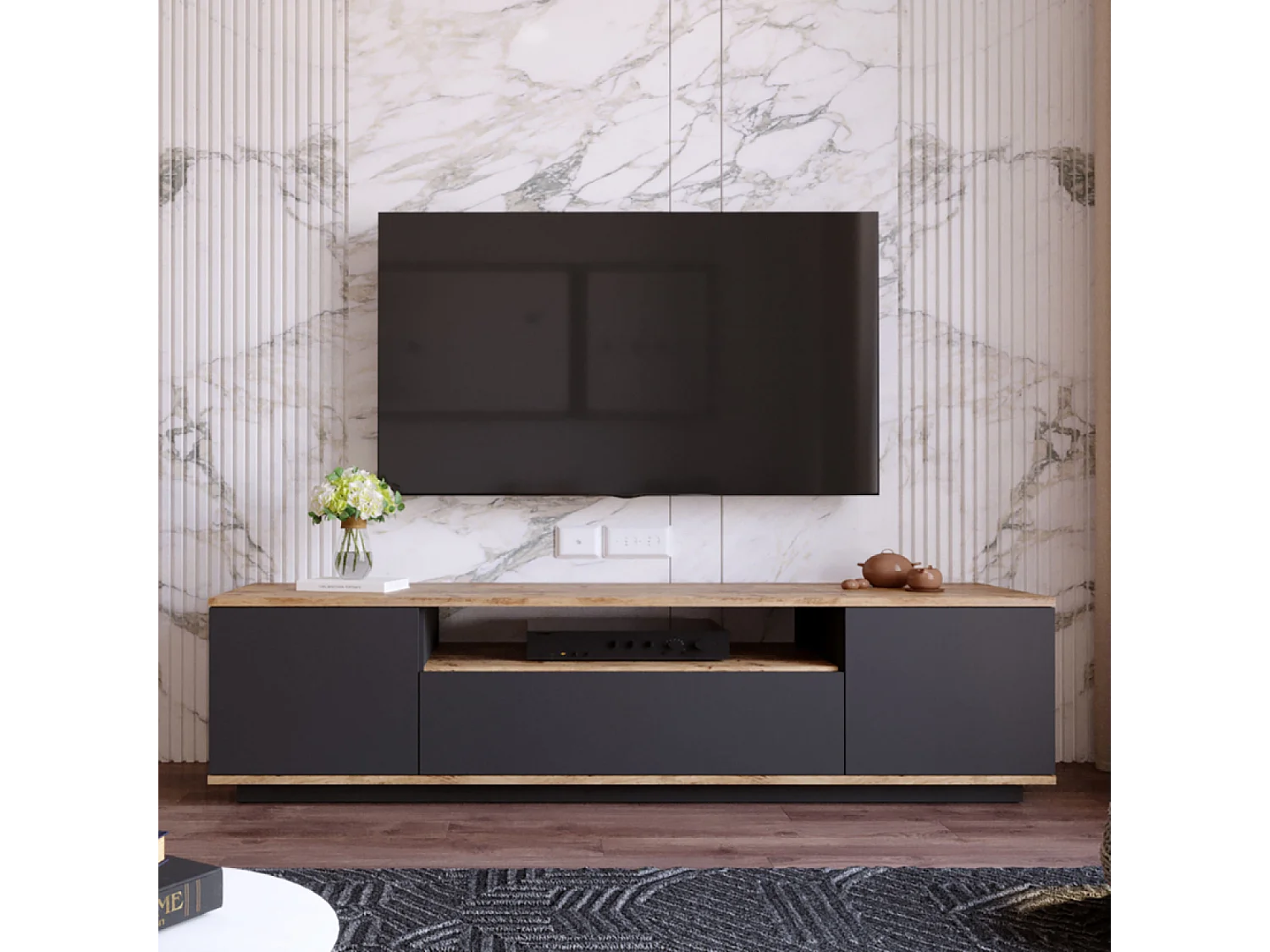 Meuble TV gris et bois 180 cm TYRO