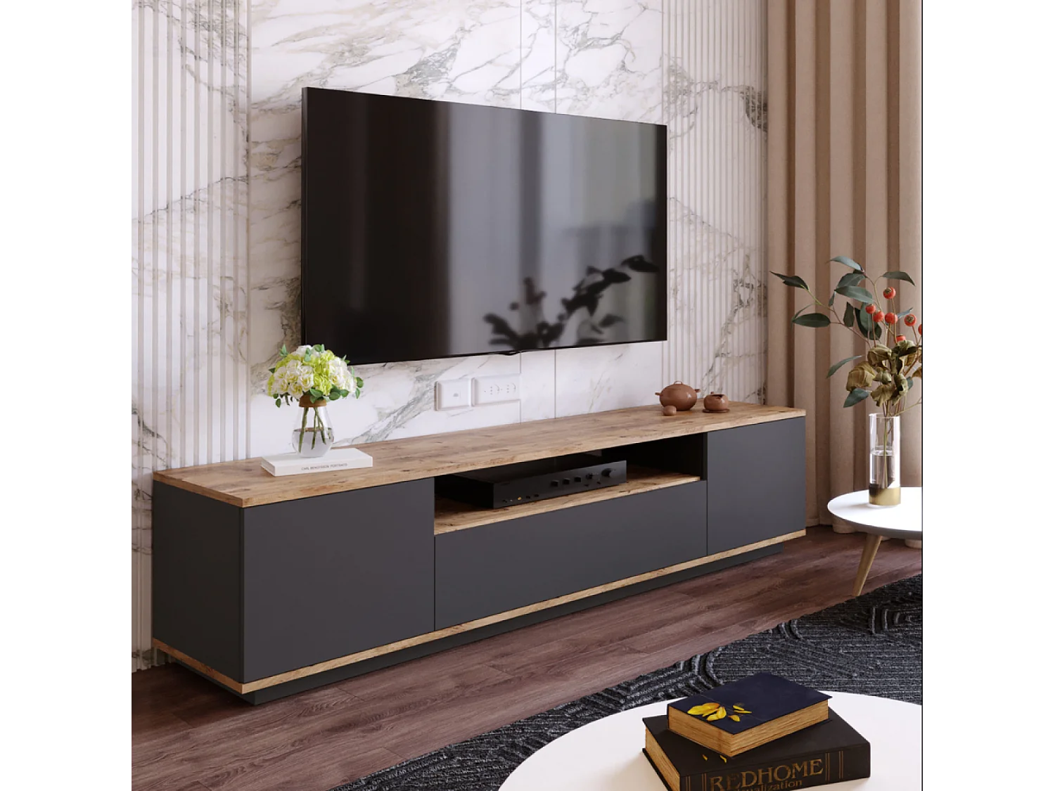Meuble TV gris et bois 180 cm TYRO