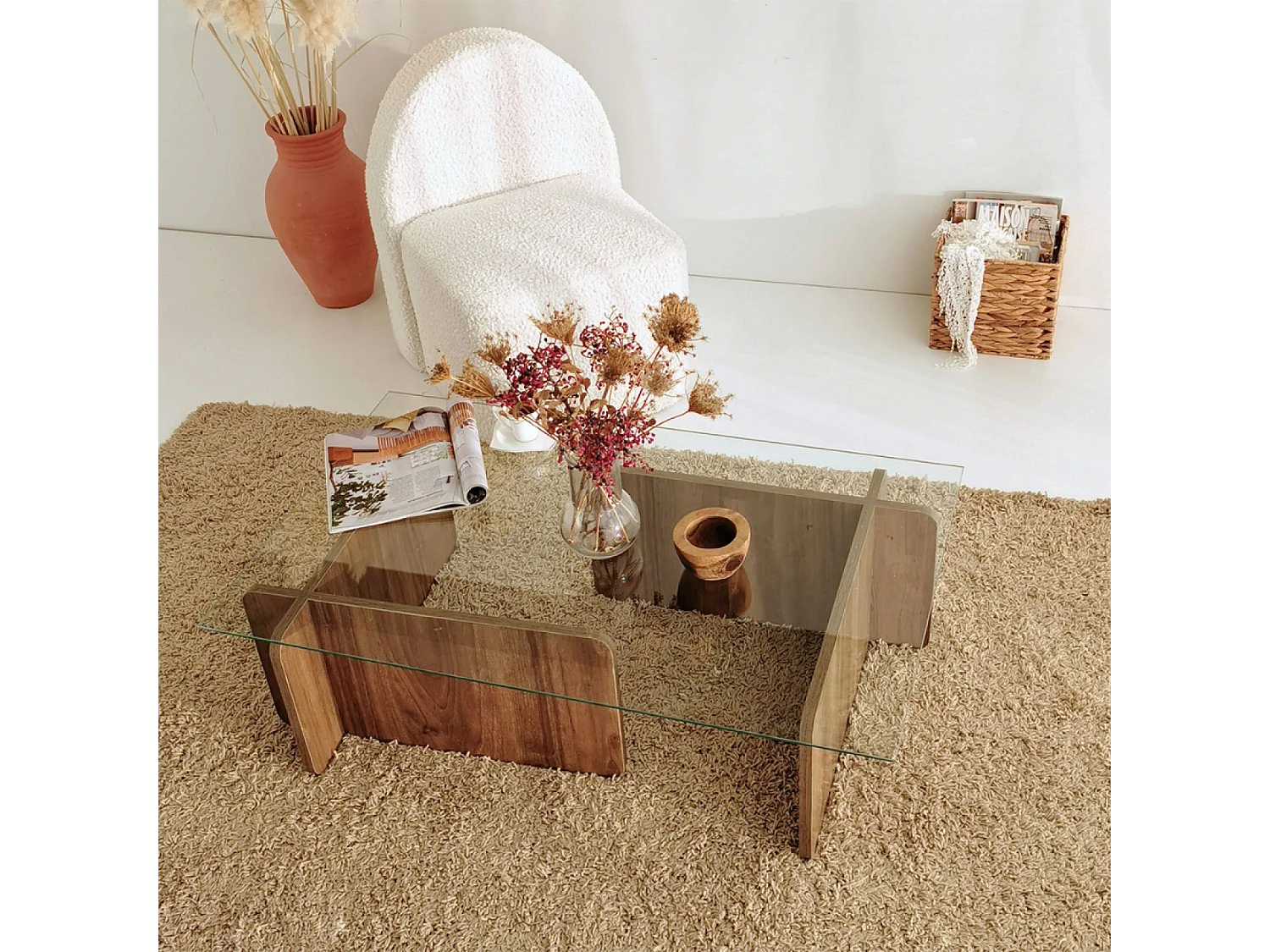 Mesa de centro design moderno NULA em madeira com tampo de vidro temperado