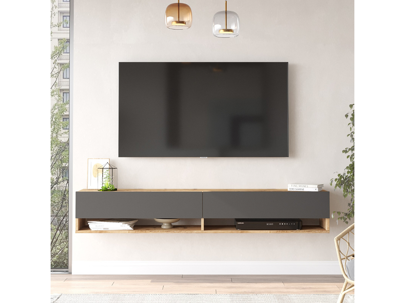 Mobile TV Galleggiante 180cm - Sospeso Con Anta, Legno Massello, Moderno Per Soggiorno - Foto 9