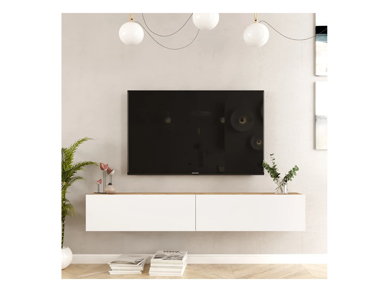 Meuble TV suspendu blanc et bois 180cm HYL