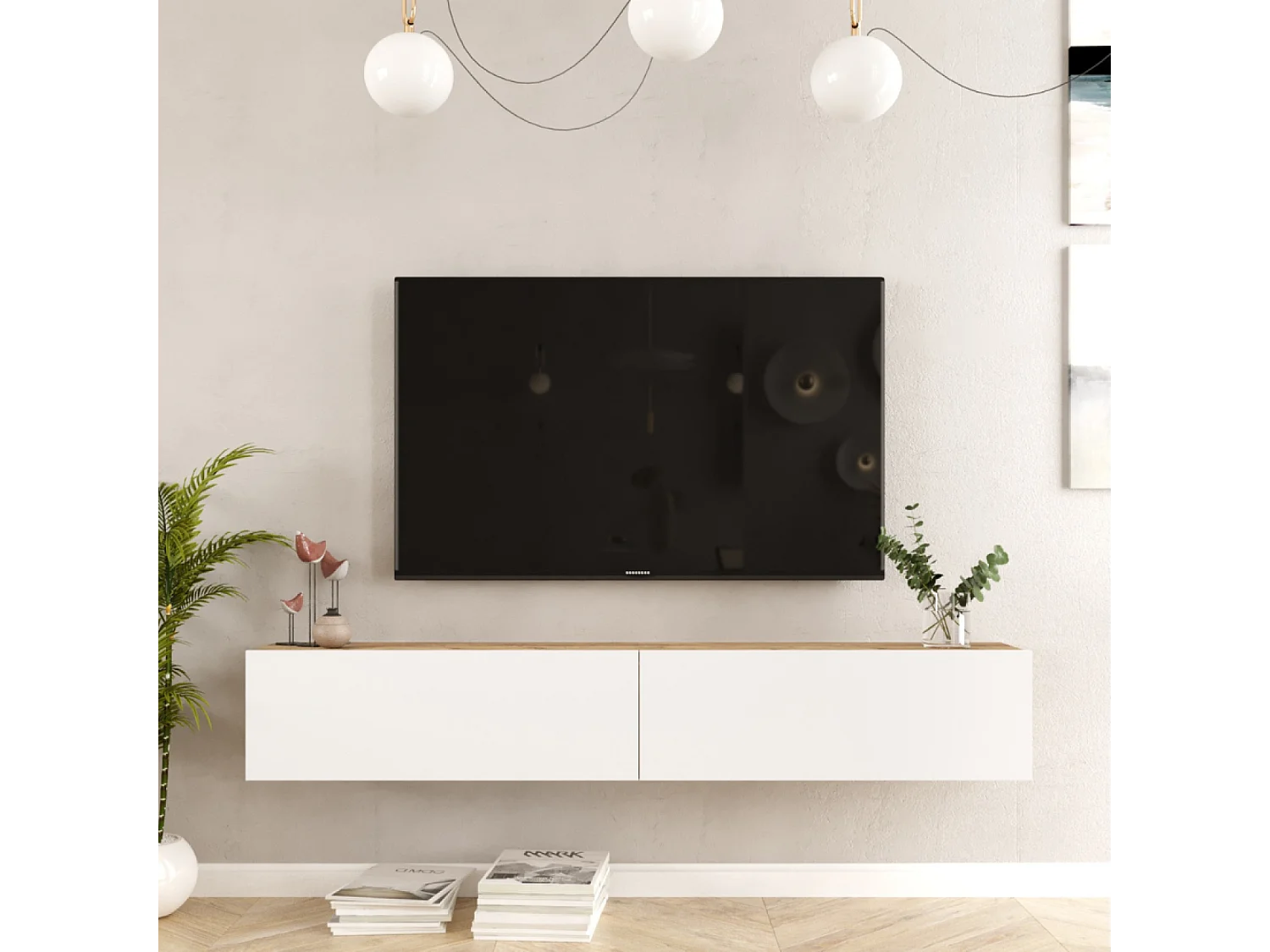 Zwevend TV-meubel Wit en Hout 180cm HYL Modern en Elegant