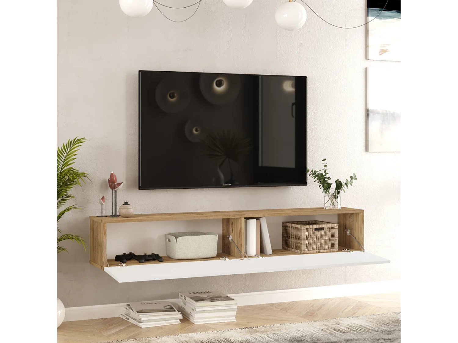 Zwevend TV-meubel Wit en Hout 180cm HYL Modern en Elegant