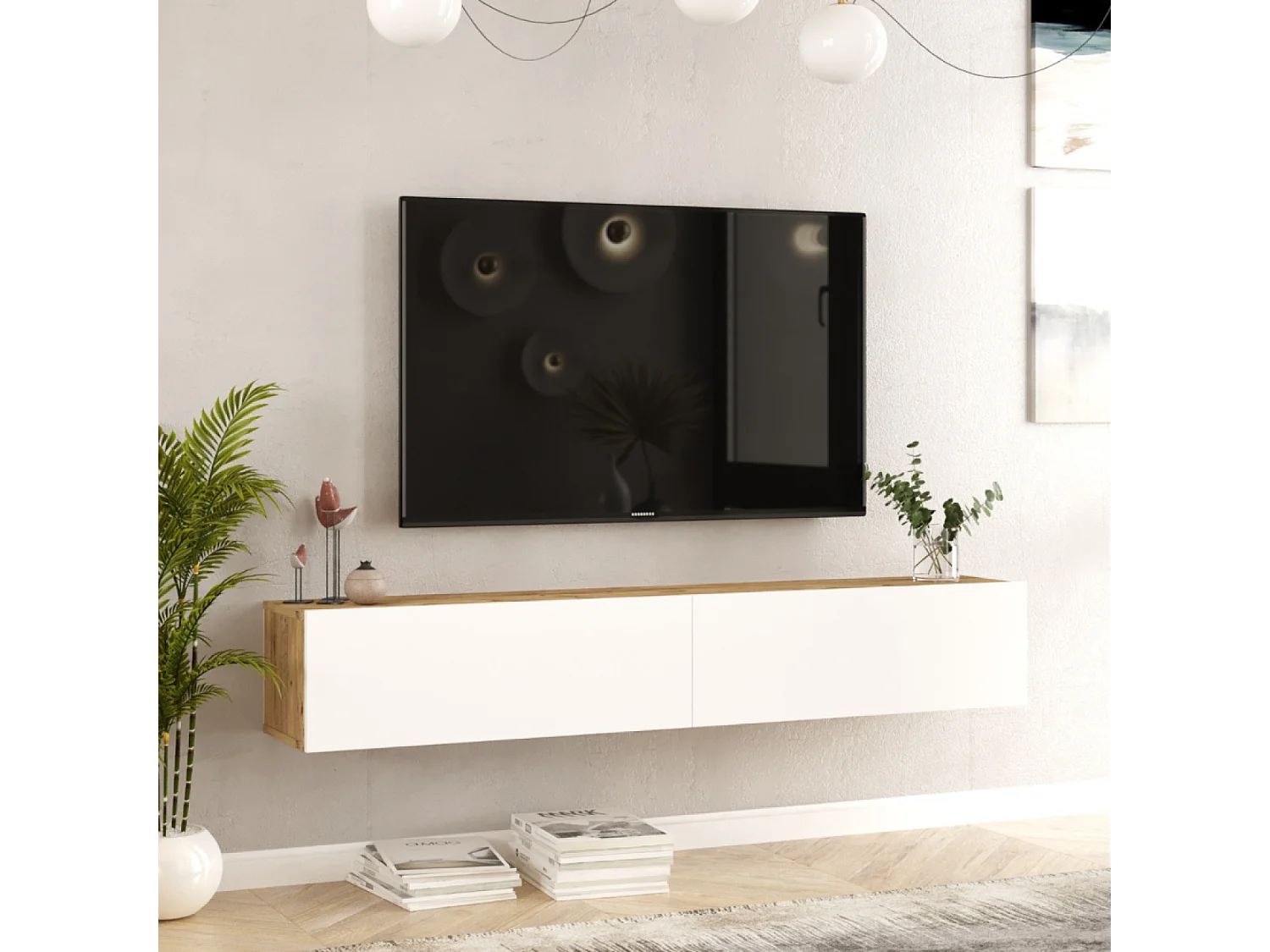 Meuble TV suspendu blanc et bois 180cm HYL