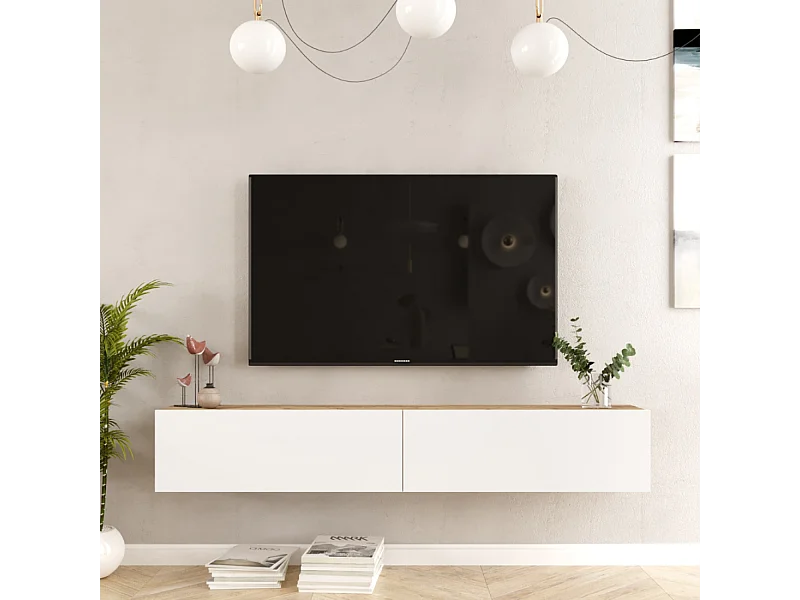 Meuble TV suspendu blanc et bois 180cm HYL