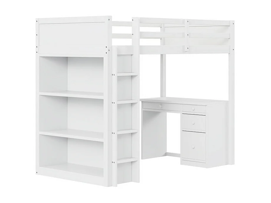 Mezzaninebed 90x200 cm - met opbergmeubel en bureau - massief hout - Wit