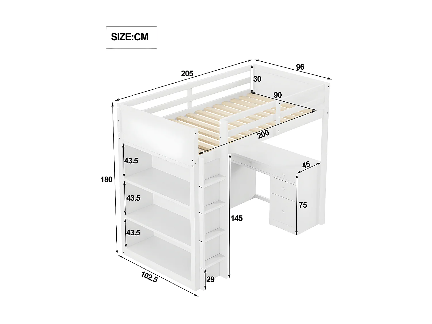 Mezzaninebed 90x200 cm - met opbergmeubel en bureau - massief hout - Wit