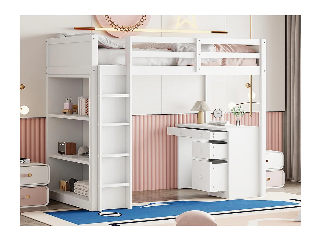 Lit mezzanine 90x200 cm - avec meubles de rangement et un bureau - en bois massif - Blanc