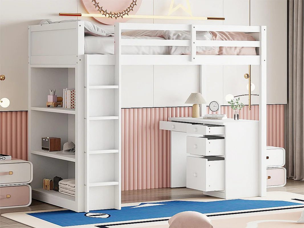 Lit mezzanine 90x200 cm - avec meubles de rangement et un bureau - en bois massif - Blanc