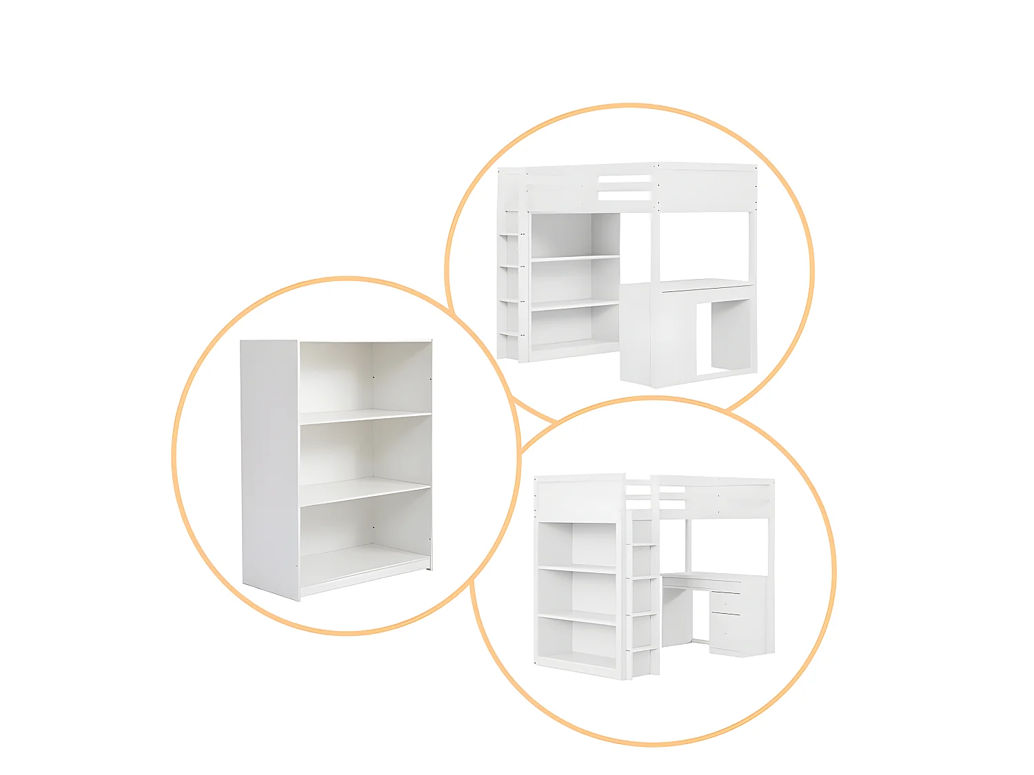 Lit mezzanine 90x200 cm - avec meubles de rangement et un bureau - en bois massif - Blanc