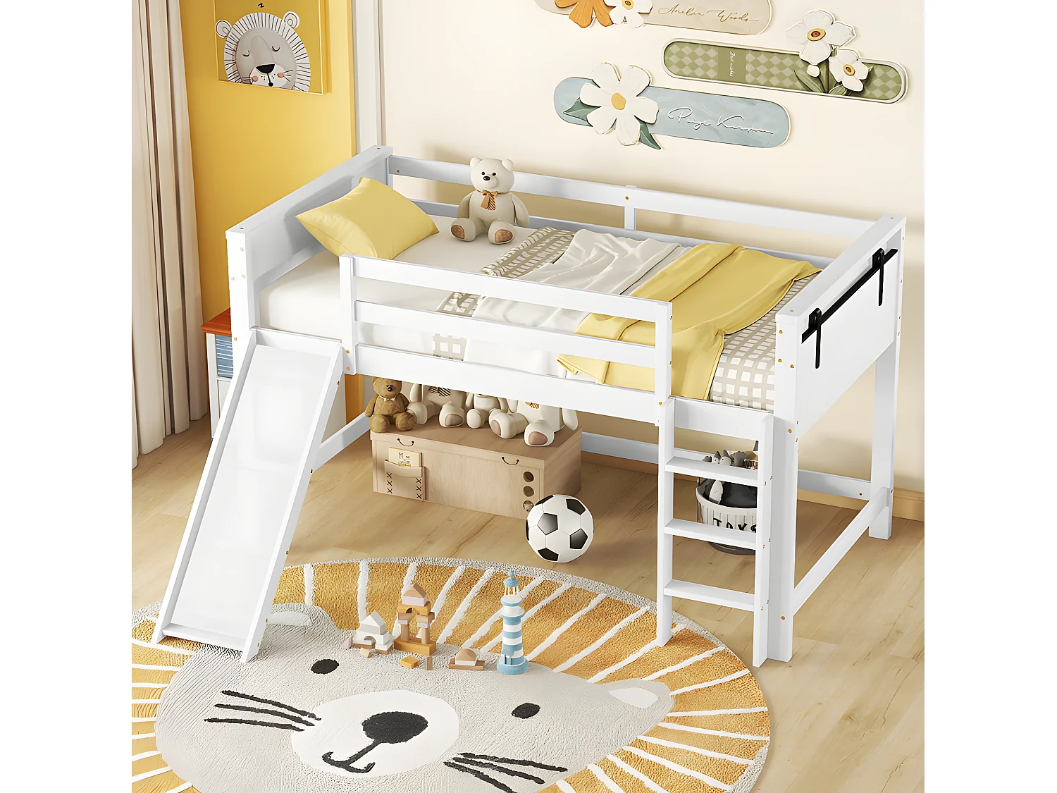 Lit mezzanine 90x200cm - avec toboggan et échelle - en pin massif - Blanc